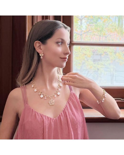 Farra Metallic Rose Quartz Flower Pendant With Pearls Chain Necklace