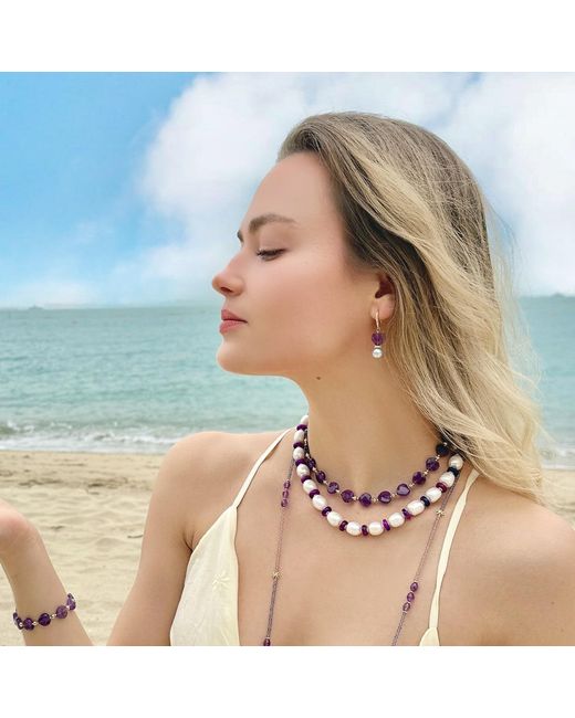 Farra Purple Heart Shaped Amethyst With Freshwater Pearl Earrings