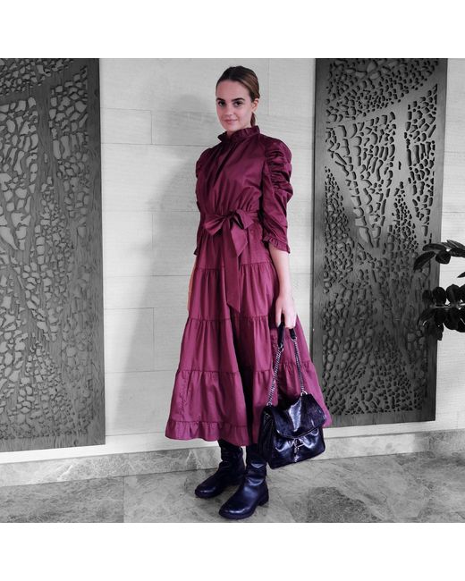 Lalipop Design Purple Cotton Poplin Burgundy Midi Dress