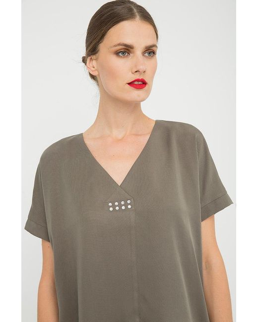 Conquista Green Khaki V Neck Top With Metallic Motif