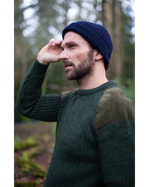 Paul James Knitwear Blue Heavyweight Extra Fine Merino Caster Fisherman Beanie for men