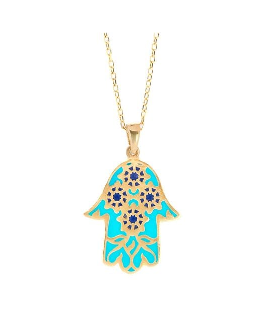 Ebru Jewelry Blue Good Vibes Enamel Hamsa Necklace Gold