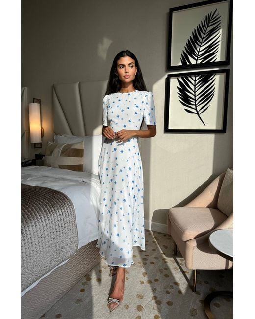 POST MERIDIEM White Printed Short Sleeve Floral Midi Dress