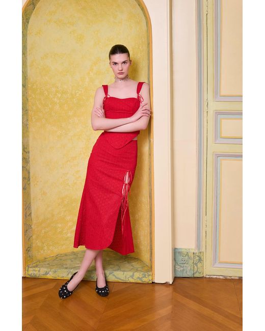 Pcfg The Broderie Anglaise Edit Embroidered Midi Skirt With Side Slit & Ribbon Tie