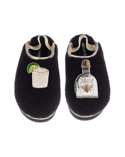 Laines London Black Flatform Cloud Closed Toe Slippers With Agave Tequila Brooches