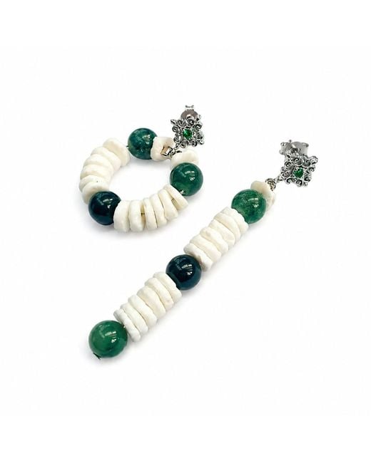 Way to Chic Blue Asymmetrical Earrings With Shell & Moss Agate Stones