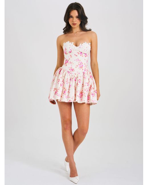 Miss Circle New York Pink Samara Floral Drop Waist Linen Corset Puffy Mini Dress