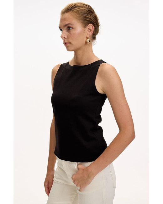 Exquise Black Regular Fit Boat Neck Sleeveless Knit Blouse