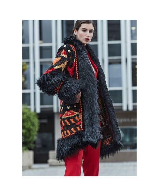The Extreme Collection Black Alpaca Mohair Merino Wool Longline Coat With Vegan Fur Details Fabricia