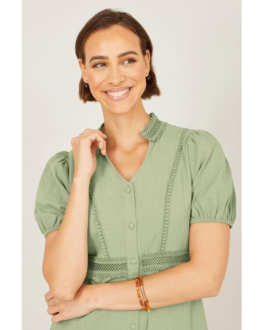 Yumi' Green Cotton Lace Trim Skater Shirt Dress
