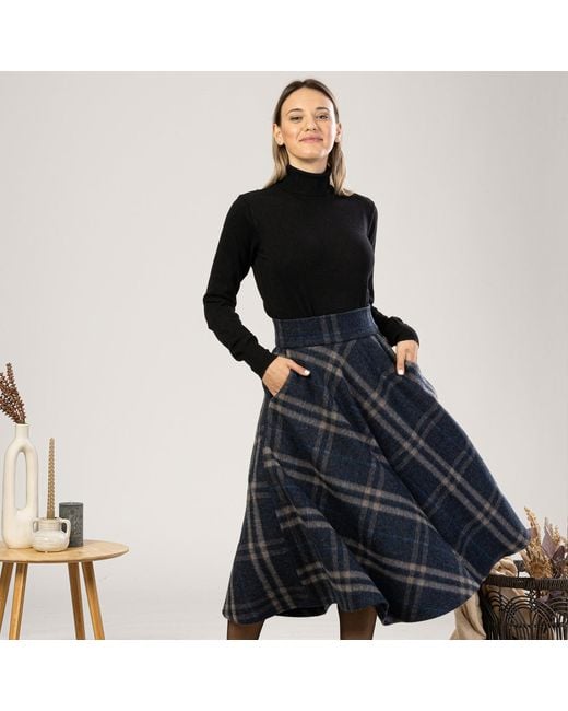 Nikka Place Blue Wool Midi Tartan Skirt With High Waist & Pockets