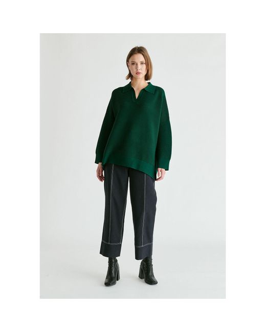 Paisie Green Polo Collar Ribbed Jumper