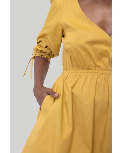 REISTOR Yellow Gathered Elbow Sleeve Short Cotton Dress