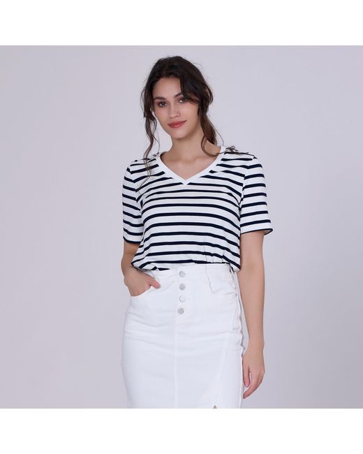 Smart and Joy Blue V Neck Stripes Cotton T-Shirt