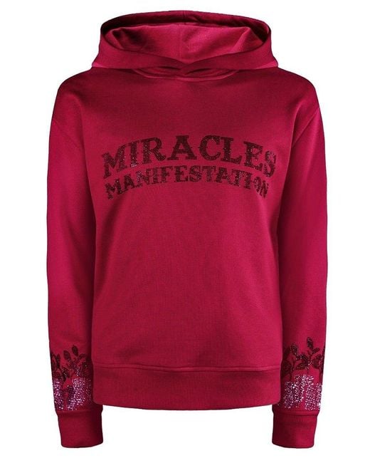 Miracles Manifester Red Positive Affirmation Hoodie With Rhinestone Design