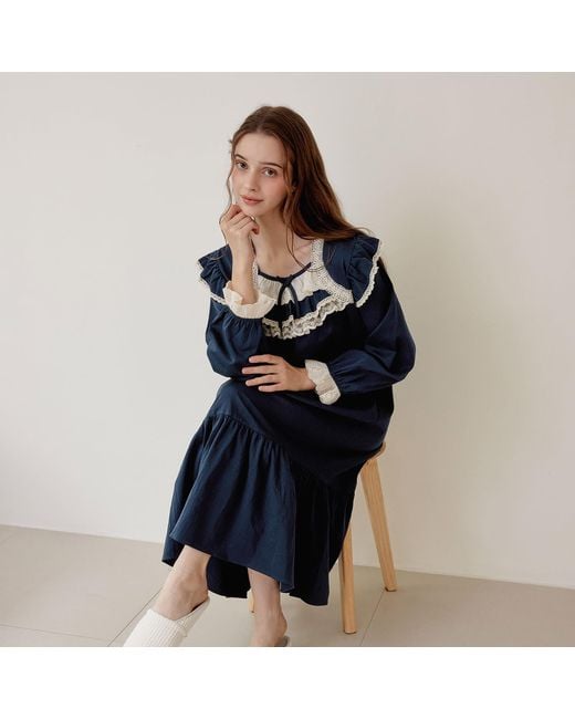 Luna Luz Blue Helen Cotton Square-Neck Long-Sleeve Nightdress