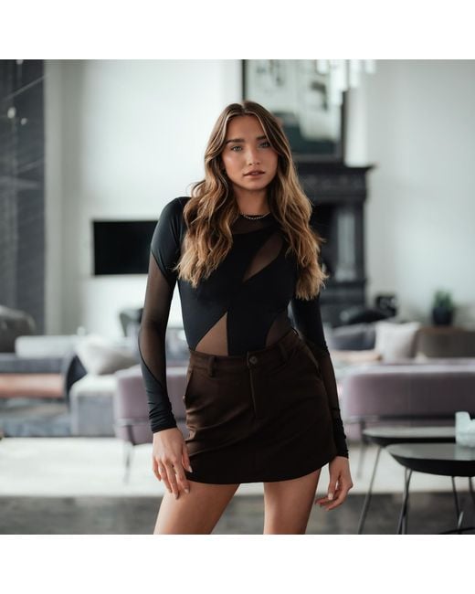 OW Collection Black Spiral Mesh Long Sleeve Bodysuit