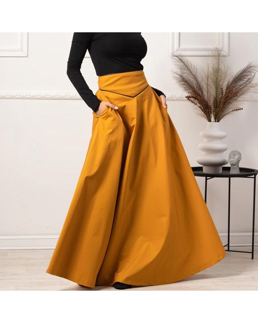 Nikka Place Orange Maxi A-Line Cotton Skirt With High Waist And Pockets