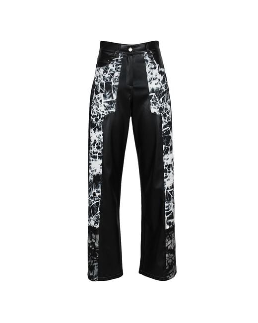 Lalipop Design Black Wide-Leg Vegan Leather Pants Panelled With Abstract Print