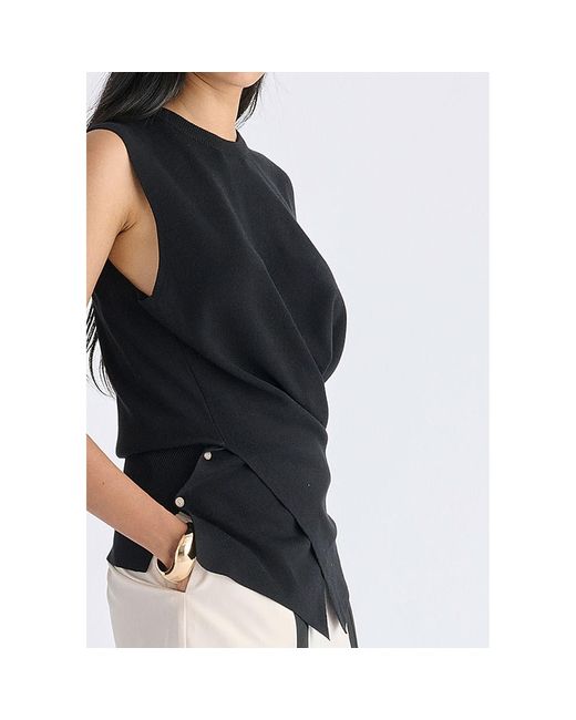 Paisie Black Crew Neck Wrap Front Knit Top