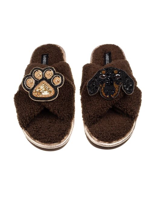 Laines London Brown Neutrals Laines Neutral Boucle Slippers With Little Sausage The Dachshund & Paw Brooches
