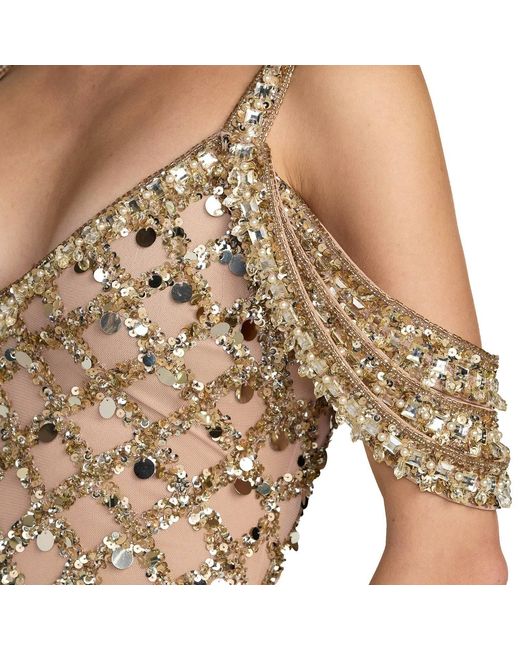 Mac Duggal Natural Sequin Embellished V-Neck Gown