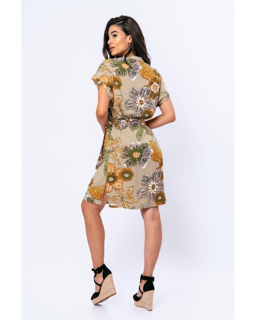 Conquista Metallic Linen Style Bold Floral Print Dress With Mandarin Collar
