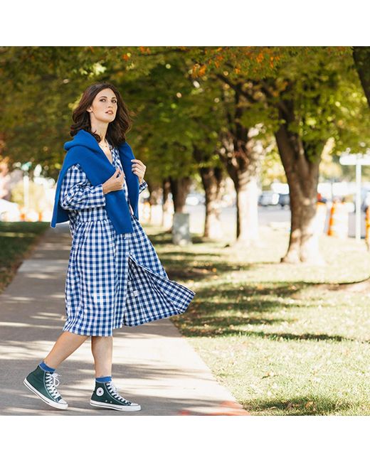 Zenzee Blue Cotton Linen Gingham Shirt Dress Cobalt