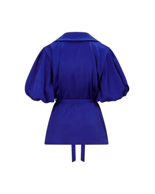 Femponiq Blue Draped Puff Sleeve Belted Blouse