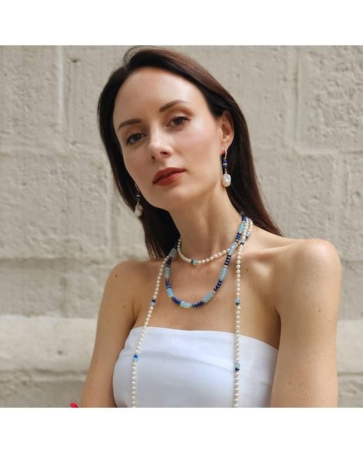 Farra White Elegance Baroque Pearls With Lapis Dangle Earrings