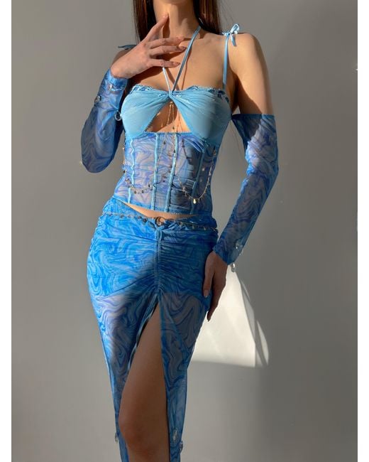Empress Mimi Blue Siren Song Ruched Skirt With Wave Print