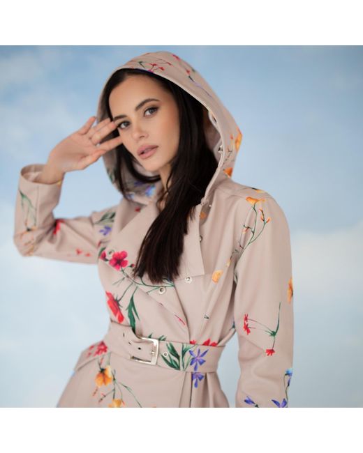 RainSisters Pink Beige Waterproof Trench Coat With Colourful Flower Print: Spring Bloom