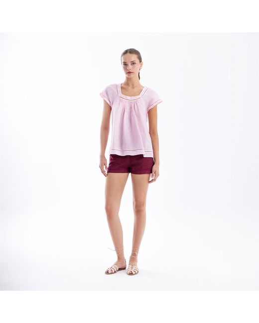 Haris Cotton Pink Linen Short Sleeve Blouse With Pintucks And Lace Trim Powder
