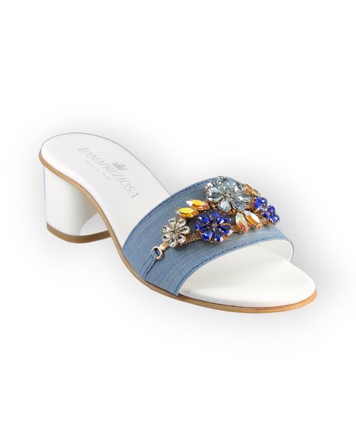 DAMAPREZIOSA Blue Flora Denim Mule Sandals With Sapphire Crystals