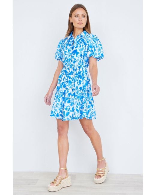 Yumi' Blue Floral Print Viscose Relaxed Shirt Dress