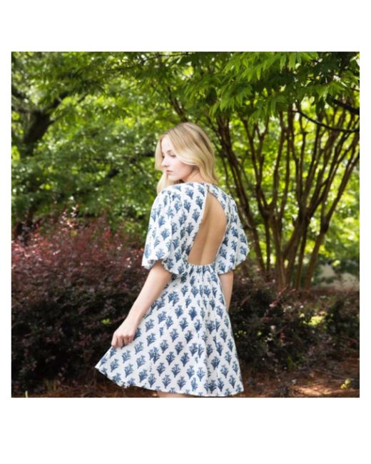 House of Gl Blue Soreia Hand-Block Printed Cotton Fit & Flare Dress With Open Back