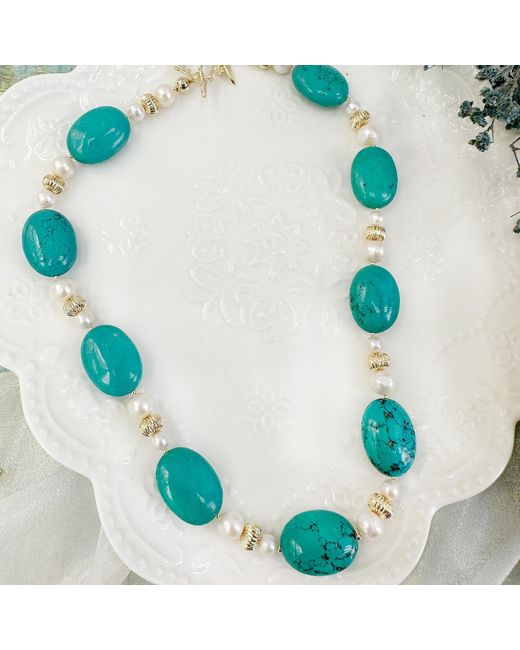 Farra Blue Oval & Freshwater Pearls Statement Necklace