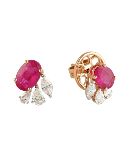 Artisan Pink 18k Rose Gold In Ruby Gemstone & Genuine Diamond Stud Earrings