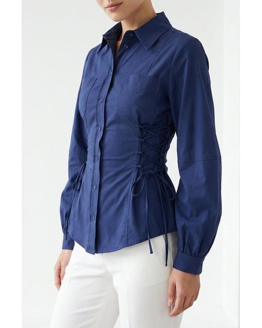 Exquise Blue Arcene Fitted Waist Balloon Sleeve Shirt