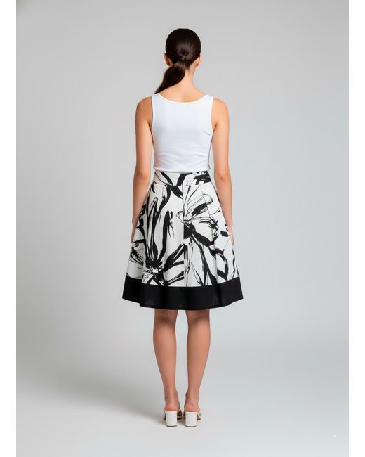 Conquista Black A-Line Floral Sketch Skirt With Contrast Hem