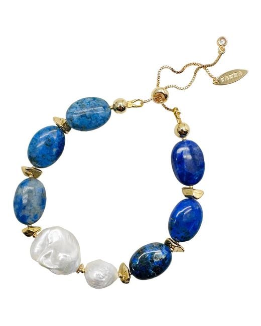 Farra Blue Agate With Baroque Freshwater Pearl Adjustable Bracelet