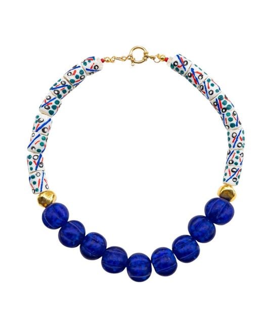 Sunset Magic Studio Blue African Krobo Detailed Vintage Indian Glass Necklace