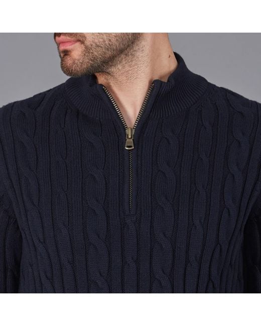 Paul James Knitwear Blue Midweight Romano Cotton Cable Zip Neck Jumper for men