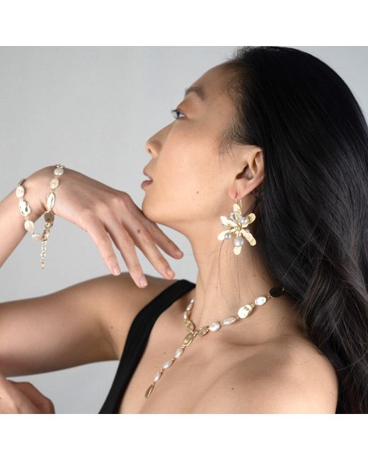 Rare Matters Jewelry Metallic Blossom Pearl Drops Flower Earring
