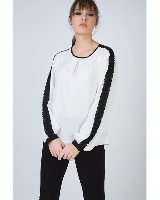 Conquista Natural Neutrals Contrast Ecru Top With Long Sleeves With Lace Detail & Button Fastening