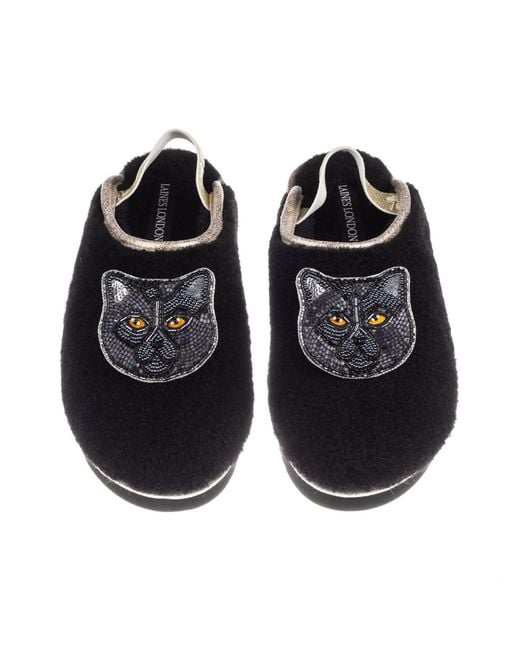 Laines London Black Flatform Cloud Slippers With Double British Shorthair Cat Brooches