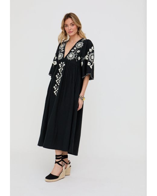 Raffya Black Arianna V- Neck Embroidered Maxi Dress
