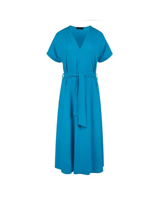Conquista Blue Turquoise Jersey Belted Midi Dress