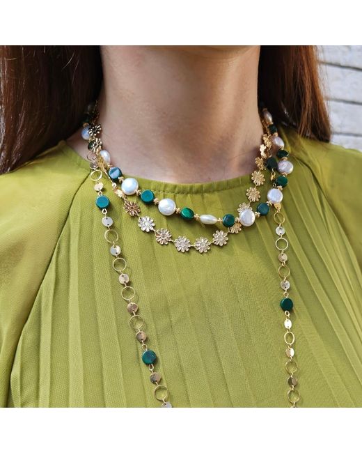 Farra Metallic Coin Shaped Malachite And Freshwater Pearls With Flower Chain Versatile Necklace