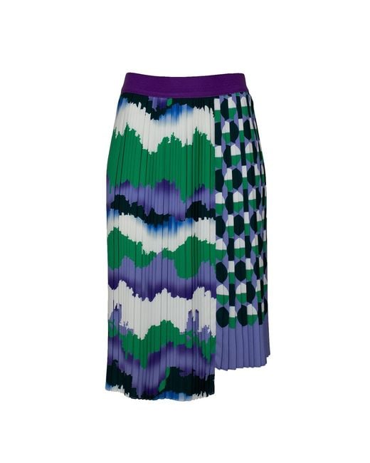Lalipop Design Green Asymmetric Midi Pleated Skirt With Wavey & Polka Dot Print